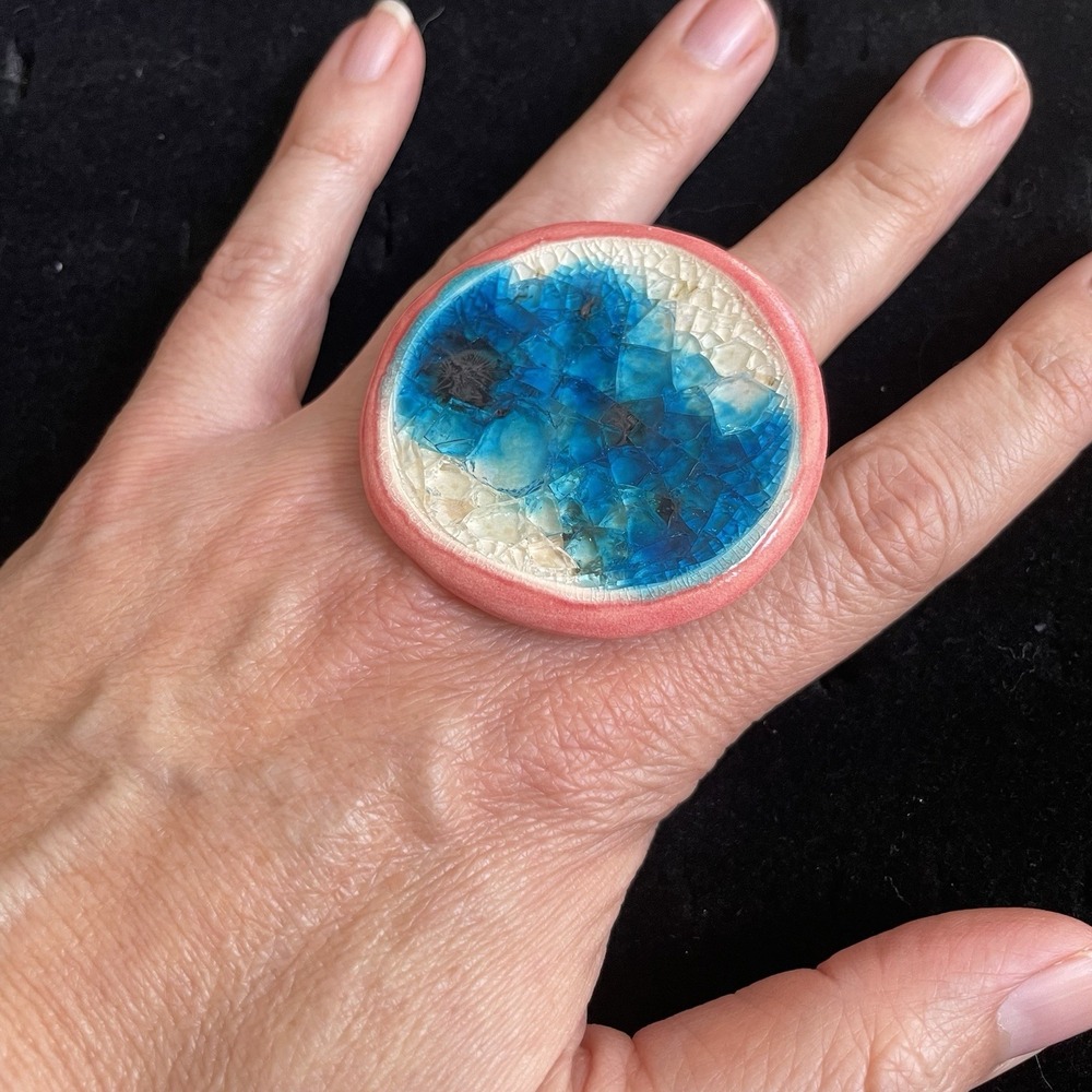 Turquoise Pink White Round Chunky Handmade Artisan Ceramic Glass Ring Adjustable